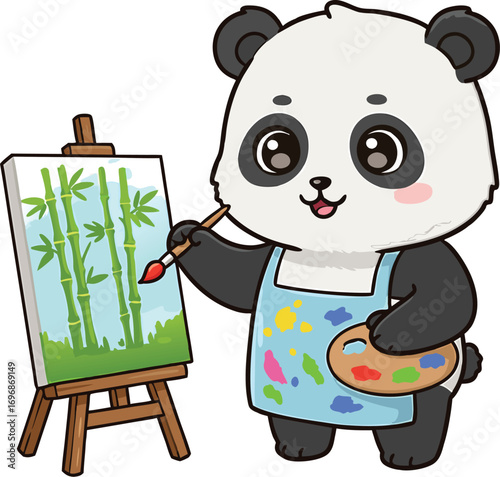 Cute panda bear painting bamboo scene on canvas with easel and paint palette