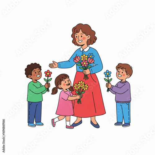 Children are happily giving flowers to their teacher, who is smiling and holding the bouquet.