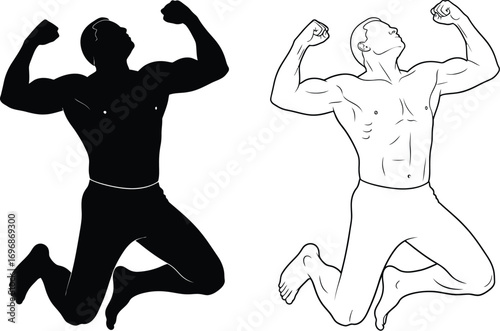 Triumphant man celebrating with arms raised in victory pose, a symbol of achievement and success.