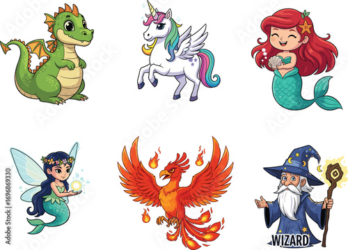 Fantasy cartoon characters including dragon, unicorn, mermaid, fairy, phoenix, and wizard, perfect for kids books, games, storytelling, stickers