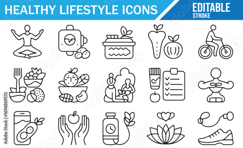 Vector outline pack of yoga, food, and exercise lifestyle symbols