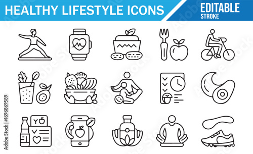 Editable stroke icons set of wellness, nutrition, and healthy living
