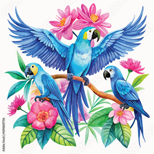 Three Blue Macaws with Pink Flowers and Green Leaves on White Background parrot bird