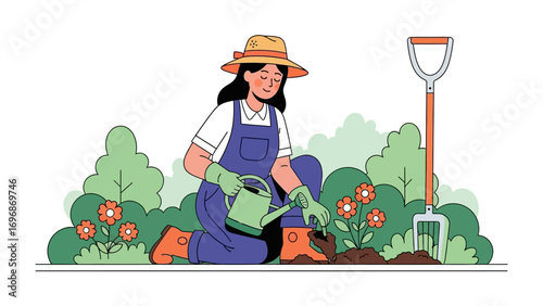 A Gardener's Verdant Haven: A woman cultivates her garden, nurturing a tapestry of vibrant blooms in a charming outdoor space. 