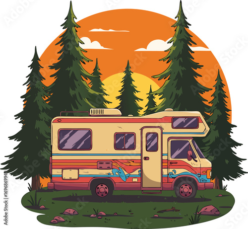 Retro camper van parked in nature against a warm sunset illustration for outdoor adventures