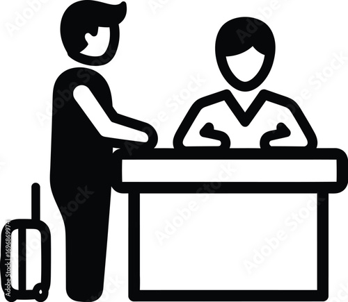 Traveler checking in at a reception desk with luggage ready for adventure.