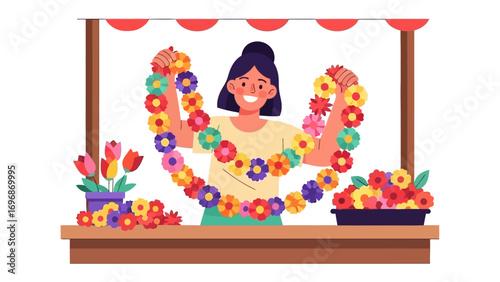 Blooming Florist: A smiling florist, adorned with colorful flower garlands, stands amid an array of vibrant blossoms. A beautiful illustration captures the heart of a blooming business.