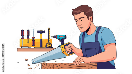 Crafting with Precision: An illustration showing a skilled carpenter focused on a woodworking project, wielding a hand saw with precision amidst a collection of essential tools