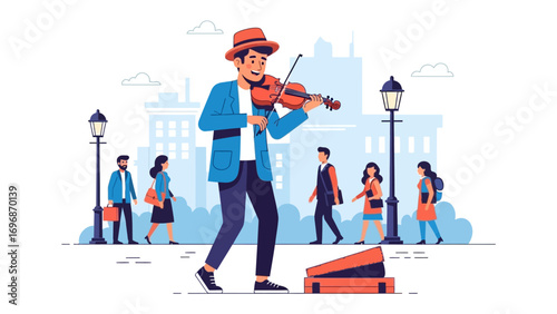 Melody in the City: A street musician captivates passersby with his violin, evoking a sense of artistry, emotion, and the lively pulse of urban life.