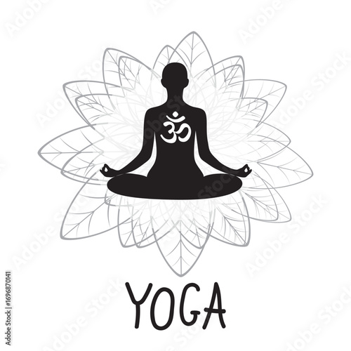 Yoga. Person relaxing in lotus pose. Meditation. International yoga day web banner. Yoga pose in a flat design. Om or Aum Indian sacred sound. Vector i