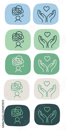 Mentale Gesundheit – Icon-Paar Grübeln ↔ Unterstützung (Kopf-Knoten & Hände mit Herz), Farbvarianten – Minimal Flat Line Vector
