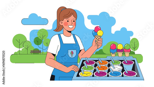 Ice Cream Shop Delights: An inviting scene unfolds at a vibrant ice cream shop, a cheerful vendor proudly presenting a colorful, delightful cone.