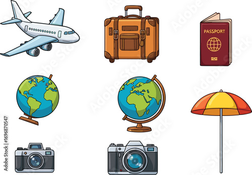 Travel essentials icon set featuring airplane, luggage, passport, globe, camera, beach umbrella, perfect for tourism, vacation, trip design.