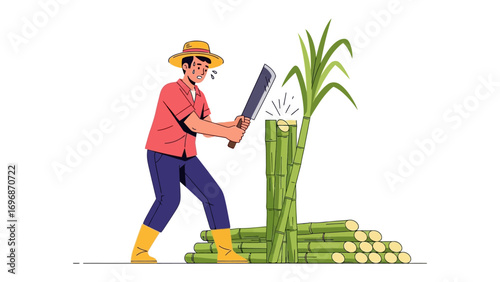 Harvesting the Sweet Bounty: A worker, using a machete to harvest fresh sugarcane under the warm sun.  A perfect illustration of agricultural effort and organic product.