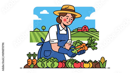 Cultivating Harvest Abundance: An illustration of a cheerful woman farmer stands proudly amidst a flourishing vegetable garden, holding freshly harvested carrots and lettuce.