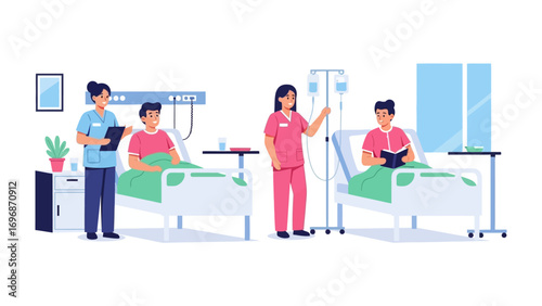 Hospital Healing: A serene hospital scene with professional medical staff, meticulously caring for patients in a clean and comforting environment, representing health, care, and recovery.
