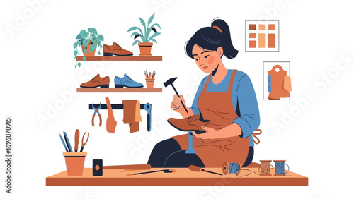 Artisan at Work: A skilled craftsperson meticulously crafts footwear in a well-lit workshop, embodying artistry and precision.