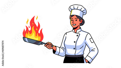 Culinary Blaze: A skilled chef, exuding confidence, expertly wields a pan engulfed in flames, ready to create culinary magic. Capturing the essence of gourmet skill and fiery cooking techniques.