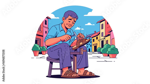 Artisan Crafting Leather Sandals: An artisan, skilled with the precision of his craft, meticulously works on a leather sandal. Set against a backdrop of quaint buildings.