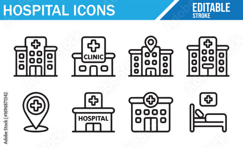 Outline icons for health care facilities, clinics, and patient beds