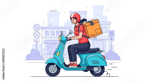 Swift Courier: A dynamic illustration captures a determined courier expertly navigating city streets on a retro scooter, efficiently delivering a package, symbolizing speed.