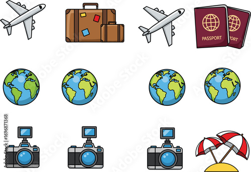 Travel icons collection with airplane, suitcase, passport, globe, camera, and beach umbrella for tourism, vacation, trip planning, and blogs