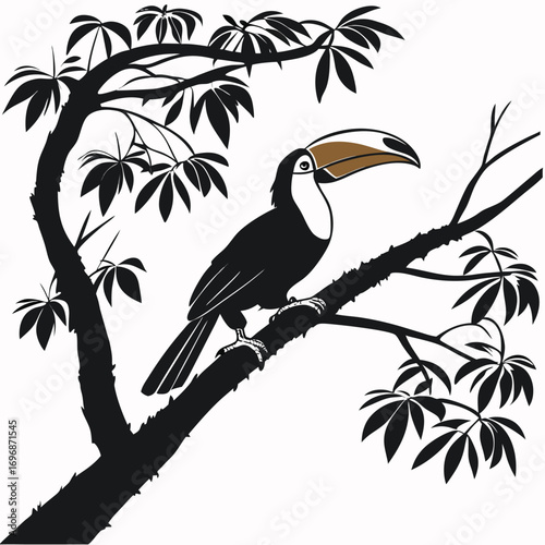 Toucan Perched on a Large Tree Branch with Dark Silhouette Leaves bird