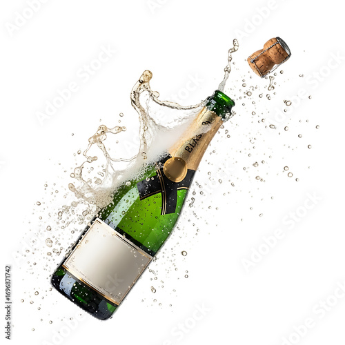 Champagne explosion isolated on transparent background a bottle of champagne bursts open, spraying liquid and a cork flying through the air, capturing the excitement and celebration of a special occas