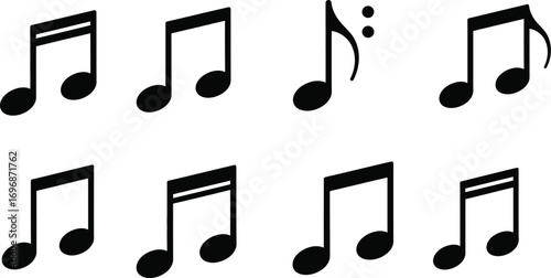 Collection of musical notes and symbols on a white background, representing melody and rhythm