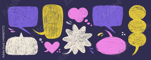 Crayon speech bubble vector set in purple, yellow, pink and white on dark bac...