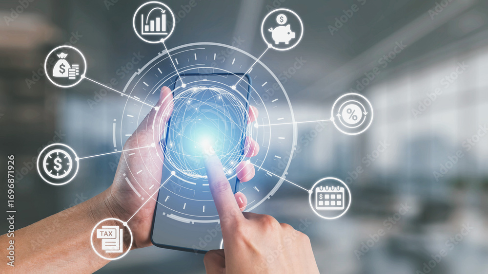 Fototapeta premium Accounting technology transforms how accounting income expense operates. With digital calculation cloud accounting, business adopt accounting technology to improve credit and debt accuracy. Spire