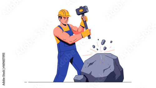 Artisan's Effort: An illustration showcases a dedicated artisan wielding a heavy hammer, skillfully shaping stone into a beautiful piece.
