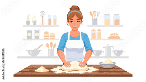 Baking Bliss: A woman in a kitchen apron lovingly kneads dough on a wooden table, surrounded by the tools and ingredients of her craft, illustrating the art of baking with warmth and simplicity.