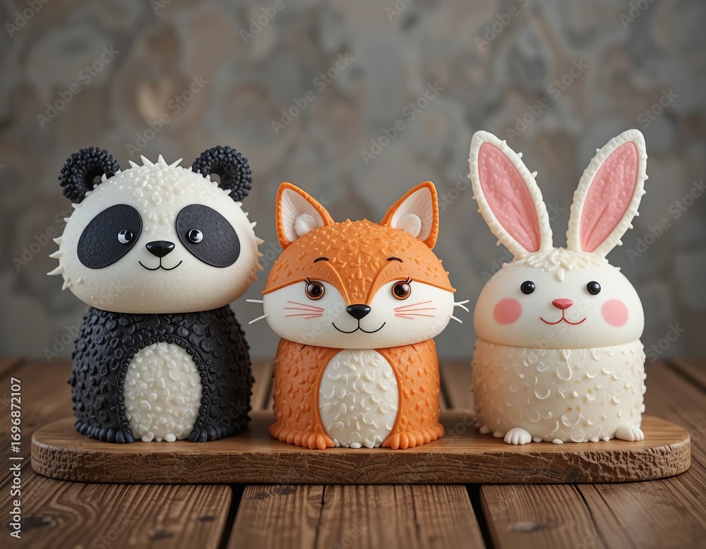 Fototapeta premium Three adorable animal-themed cakes, a panda, fox, and bunny, arranged on a wooden surface.