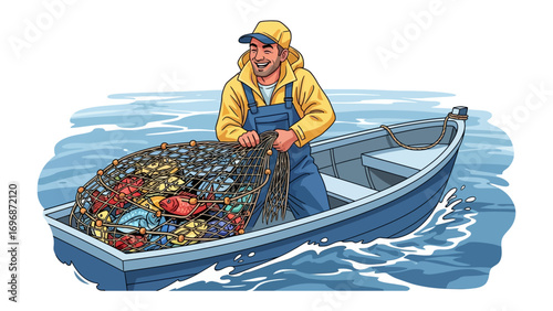Fisherman's Bounty: A smiling fisherman, aboard his small boat, hauls in a full net of freshly caught seafood, celebrating the day's rewarding catch.
