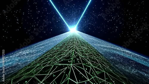 Cyber pyramid with light beams under stars, for tech background, AI