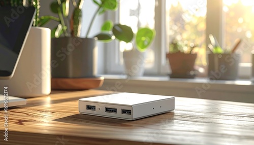 White device on wooden desk