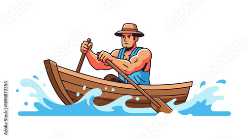 Rowing Man: A strong, muscular man navigates a wooden rowboat across vibrant waters, expertly maneuvering his oars.