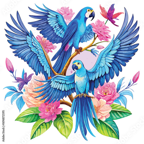 Two Blue Macaws Perched Among Pink and Peach Flowers and Green Leaves parrot hyacinth macaw