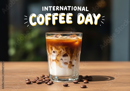 Iced coffee with milk and coffee beans for international coffee day