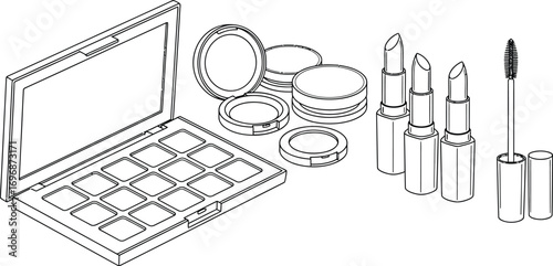 Collection of essential makeup items including lipstick, eyeshadow palette, and mascara