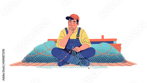 A Fisher’s Dilemma: A contemplative figure in a simple yet poignant illustration sits mending his net, hinting at the patience and resolve required in the world of fishing.
