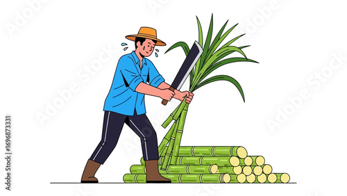Sugar Cane Harvest: A determined figure, silhouetted against a rustic setting, skillfully wields a machete to harvest a bundle of sugar cane, highlighting the essence of agricultural labor.