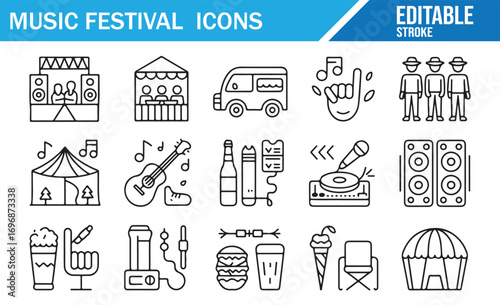 Editable stroke pack of concert, camping, and food festival icons