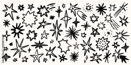 Chalk and rayon pencil Star set on light background brush pastel sketch. Chalk star elements with grain texture and pencil line. Perfect for posters, stickers, wallpaper, and fabric