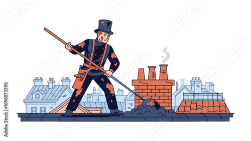 The chimney cleaner: A classic illustration captures a chimney sweep at work, diligently cleaning a brick chimney on a rooftop amidst a backdrop of quaint buildings and a light blue sky.
