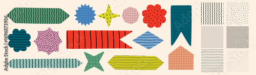 Pattern and shape vector set with colorful abstract forms like banners, stars, diamonds, flowers, and arrows. Crayon texture seamless patterns. Drag to swatches panel to use