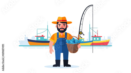 Fisherman's Bounty: A cheerful illustration of a fisherman proudly displaying his bountiful catch, set against a serene backdrop of fishing boats and a vast expanse of open water.