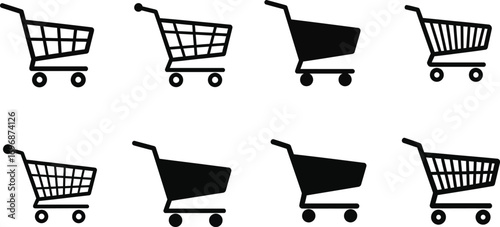 Collection of simple shopping cart icons in black and white, representing online and in-store purchases.