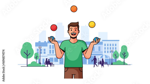 Urban Juggler: A vibrant illustration portrays a smiling individual, juggling three colorful spheres in a dynamic display of skill and enjoyment in city park.